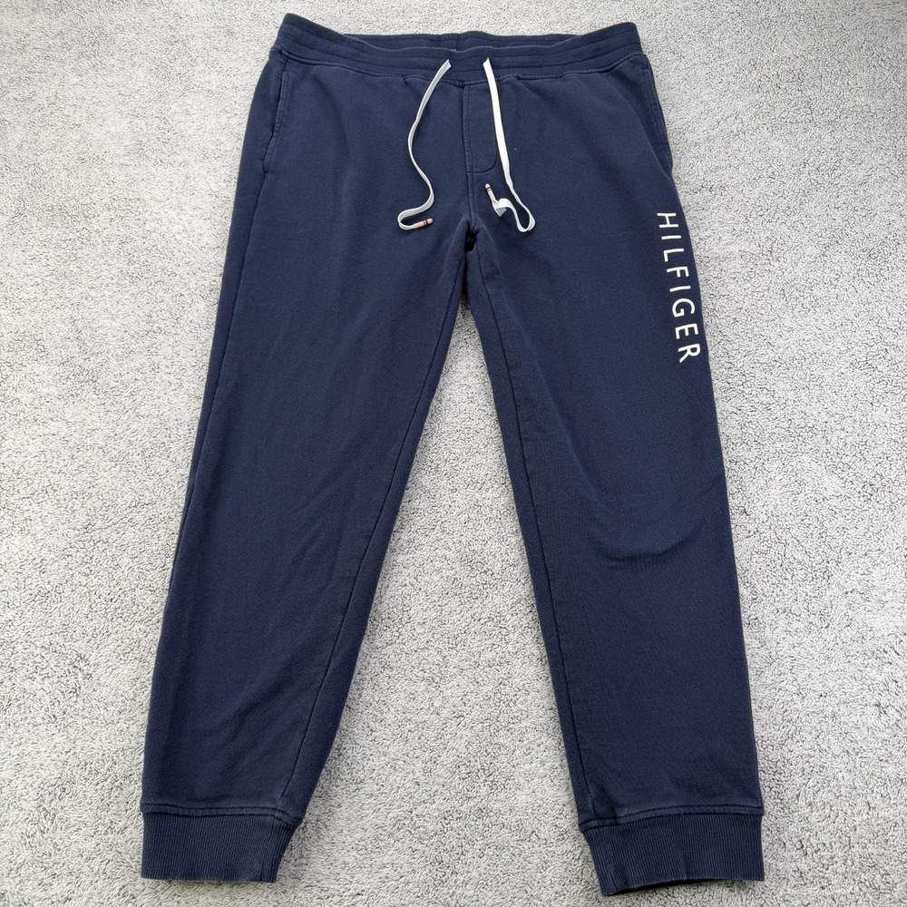 Tommy Hilfiger Joggers Adults Large Navy Flag Spell Out Y2K Sweatpants Mens